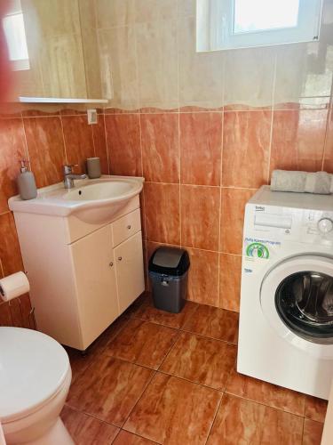 a bathroom with a washing machine and a sink at Rose Vip Apartman in Hajdúszoboszló