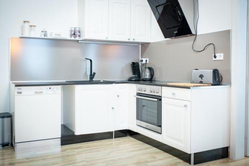 una cocina con armarios blancos y fregadero en Modernes Apartment, en Sulz am Neckar
