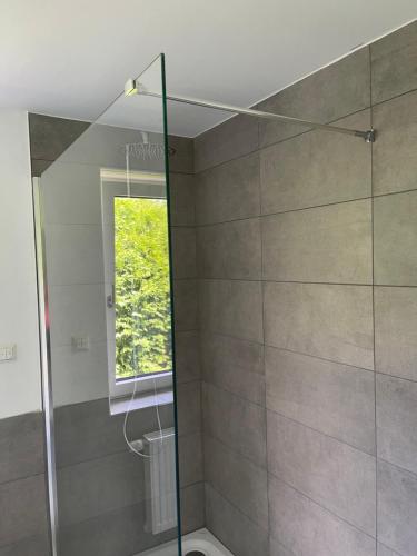 a shower with a glass door in a bathroom at Bungalow mit großem Garten uneinsehbar und Stellplatz in Landshut