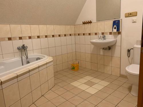 ein Badezimmer mit einer Badewanne, einem Waschbecken und einem WC in der Unterkunft Slunovrat in Teplice nad Metují