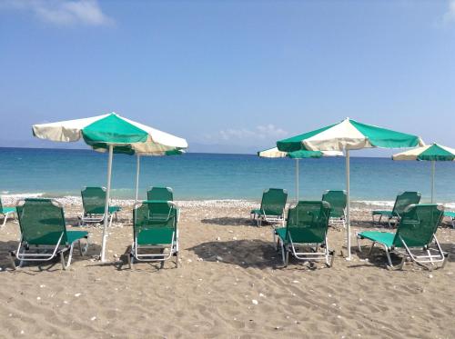 a group of lawn chairs and umbrellas on a beach at Pylea Beach Hotel in Ialyssos