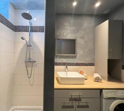 La salle de bains est pourvue d'un lavabo et d'une douche. dans l'établissement Appartement dans maison Chomérac, à Chomérac