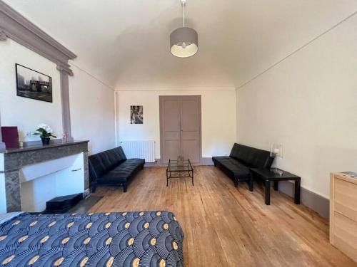 - un salon avec deux canapés noirs et une cheminée dans l'établissement Appartement dans maison Chomérac, à Chomérac