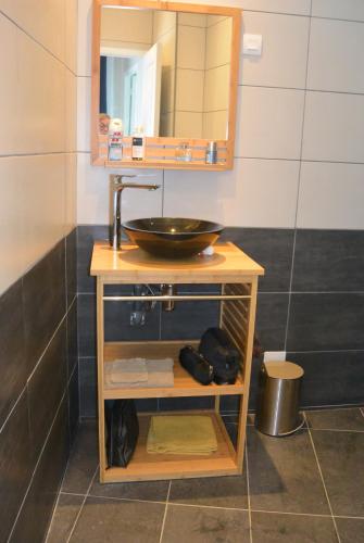 a bathroom with a sink and a mirror at APPARTEMENT 100 Metres de la mer in Plérin