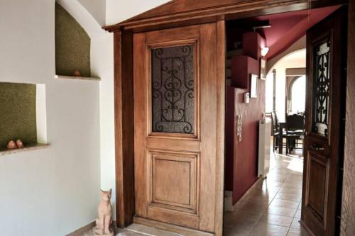 a cat sitting in front of a wooden door at Anastasias Villa in Kastro Kyllini