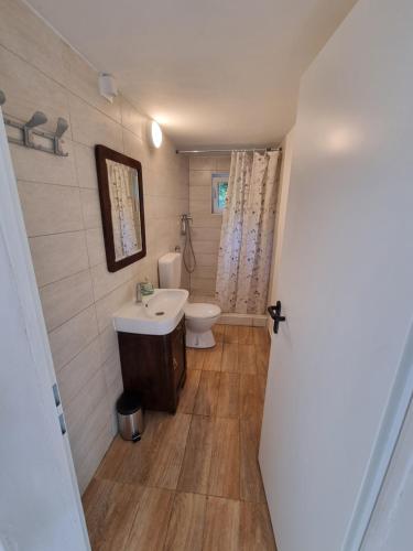 a bathroom with a white sink and a toilet at GLAMPING HOUSE ˇVITAˇ in Tolmin