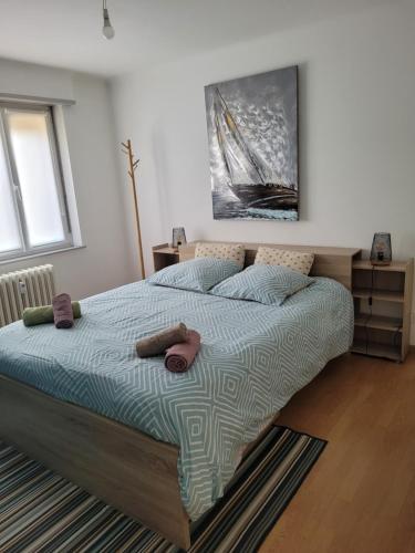 een slaapkamer met een groot bed met bruine handdoeken bij Les Jacynthes in Colmar