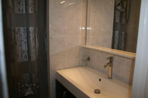 une salle de bain avec un lavabo, un miroir et une douche dans l'établissement Studio 567, Port Nature 5 au village naturiste, au Cap d'Agde