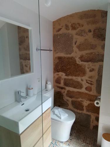 a bathroom with a sink and a toilet and a stone wall at Apartamentos & Rooms Santiaguiño in Padrón