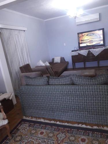 uma sala de estar com um sofá e uma televisão em مفيدا no Cairo