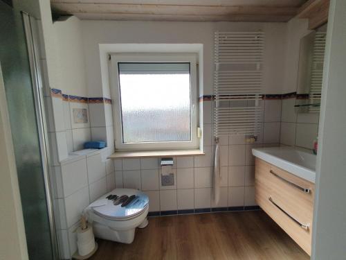 a bathroom with a toilet and a sink and a window at Haus zur Sonne in Lindenberg im Allgäu