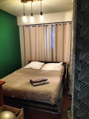 - une petite chambre avec un lit et un rideau dans l'établissement Terrasse avec vue, proche Bercy-Paris, 3 pièces spacieux et confort, à Paris