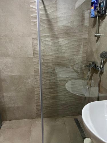 a shower with a glass door in a bathroom at Apartman Jakov in Bečići