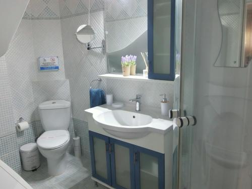 a bathroom with a sink and a toilet and a mirror at by The Sea Apartment in Iraklitsa