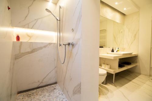uma casa de banho com um chuveiro, um WC e um lavatório. em Villa Bellavista I em Portorož