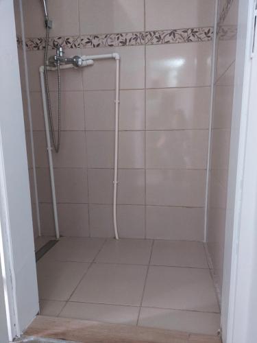 a bathroom with a shower with a tiled floor at Ranč Andrić in Bajina Bašta
