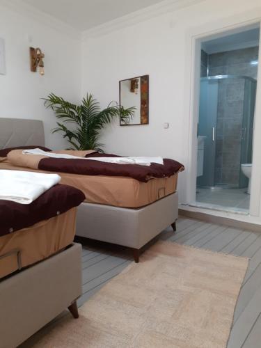 two beds in a room with a bathroom at OTELIA PANSIYON in Ayvalık