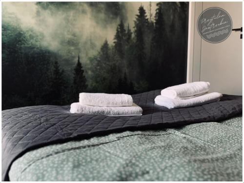 a bed with two towels and a picture of a forest at Przytulna Jastrzębia in Jastrzębia Góra