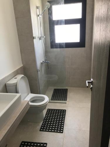a bathroom with a shower and a toilet and a sink at Swanlake north coast in Zāwiyat al ‘Awwāmah