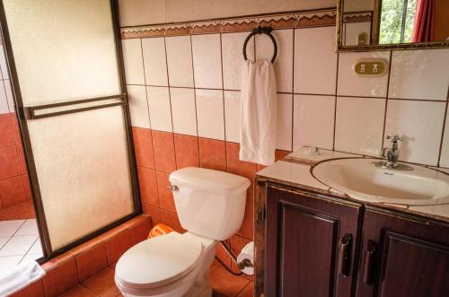 a bathroom with a toilet and a sink at Hotel Chalets Los Volcanes in Alajuela City