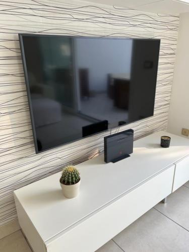 una grande TV a schermo piatto su una parete con una pianta di Casa Mazzarini a Cesenatico
