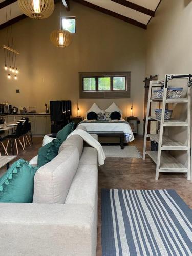 a living room with a white couch and a bed at Stacey's Cornerstone Studio Apartment in Hillcrest