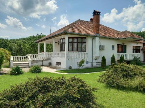 une maison blanche avec une terrasse couverte et une pelouse dans l'établissement Apartmani Ćosić, à Kuršumlija