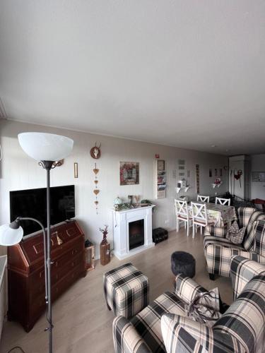ein Wohnzimmer mit Sofas, einem TV und einem Tisch in der Unterkunft Appartement Hüttenzauber in Sankt Englmar in Sankt Englmar