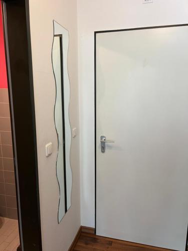 a bathroom door with a mirror next to it at Helle FeWo am Waldrand - mit Balkon, Pool & Sauna in Freyung