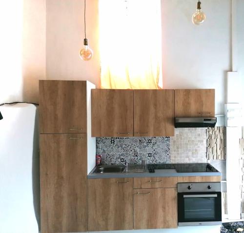 eine Küche mit Holzschränken, einer Spüle und einem Kühlschrank in der Unterkunft Charmant studio sur la route du Mont-St-Michel in Les Portes du Coglais