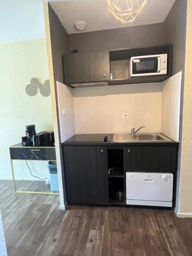 une cuisine avec un évier et un micro-ondes dans l'établissement Studio entre terre et mer - 4 personnes, à Arles