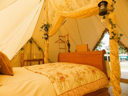 Hope Cottage Bell Tent Retreat في أشبورن: غرفة نوم مع سرير مظلة في خيمة