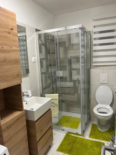 een badkamer met een douche, een toilet en een wastafel bij Apartments Zahtila - Berto in Rabac