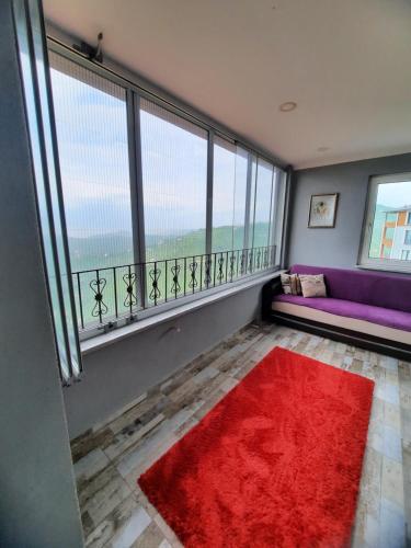 sala de estar con sofá púrpura y alfombra roja en Aktürk villa, en Trabzon