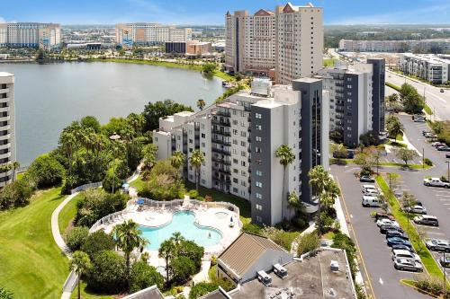 an aerial view of a city with a body of water at Cozy Condo on International Dr. Near Universal Studios in Orlando