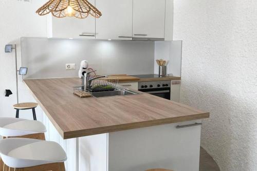 eine Küche mit einer Spüle und einer Arbeitsplatte in der Unterkunft Gite des Pavés à Peseux in Neuenburg