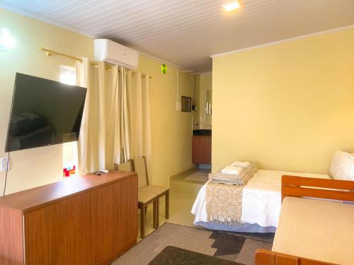 um quarto de hotel com uma cama e uma televisão de ecrã plano em Chalé com ar condicionado e garagem em Alto Paraíso de Goiás