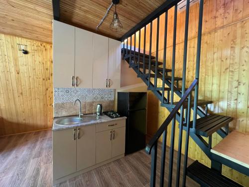 een keuken met een wastafel en een trap bij Diamond's Cottages in Lagodekhi