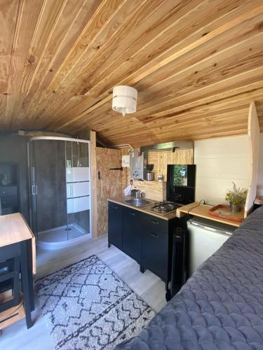 a kitchen with a sink and a stove in a room at Roulotte goûteux de nature in Saint-Barthélemy