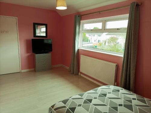 a bedroom with a bed and a tv and a window at Pace home in Bristol