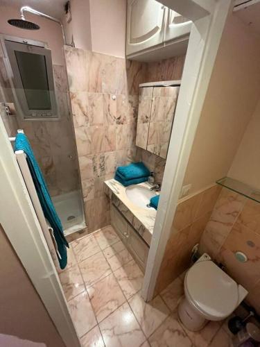 une salle de bain avec toilettes, lavabo et douche dans l'établissement Appartement hyper central et calme, à 5 mètres de Monaco, à Beausoleil
