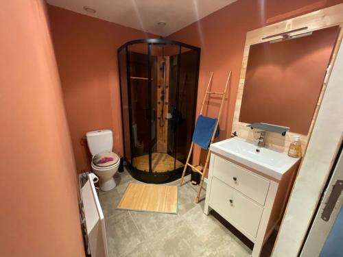 La salle de bains est pourvue d'une douche, d'un lavabo et de toilettes. dans l'établissement Le Cocon des SPRESS, à Cers