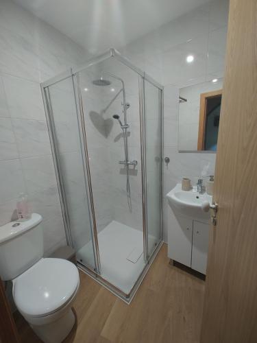 La salle de bains est pourvue d'une douche, de toilettes et d'un lavabo. dans l'établissement Herança do Vez, à Arcos de Valdevez