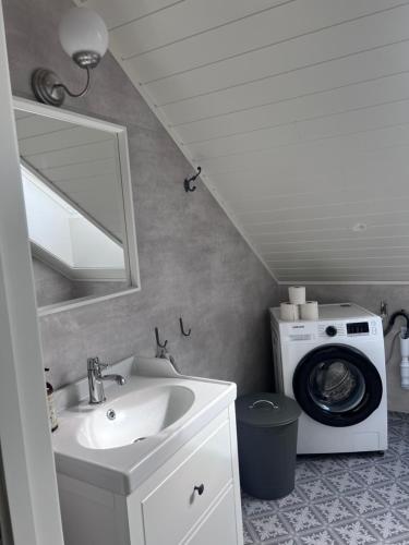 a bathroom with a sink and a washing machine at Medvik Högalid in Strömstad