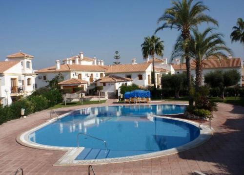 une grande piscine bleue avec des palmiers et des maisons dans l'établissement Urbanizacion Vera Costa, Vera, à Vera