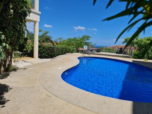 a blue swimming pool next to a house at JFM Apartamento in Coco