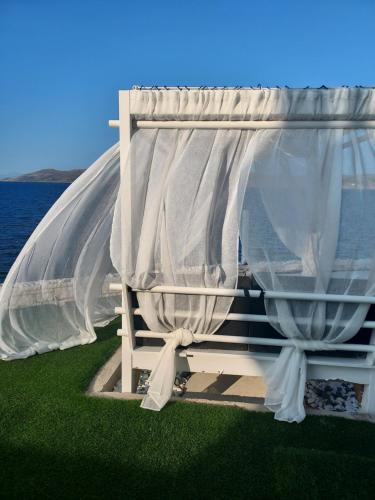 una cortina blanca sentada en la parte superior de un banco en En plo villa Sounio, en Sounio