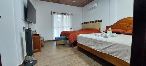 1 dormitorio con 2 camas y TV de pantalla plana en Tu Casa en la Selva Lacandona, en Champa