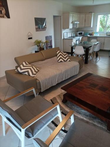 un salon avec un canapé et une cuisine dans l'établissement Schumann Jardin Vannes, à Vannes