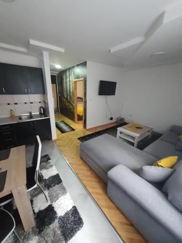 a living room with a large couch and a tv at Apartman Teddy12-Vlašić in Vlasic